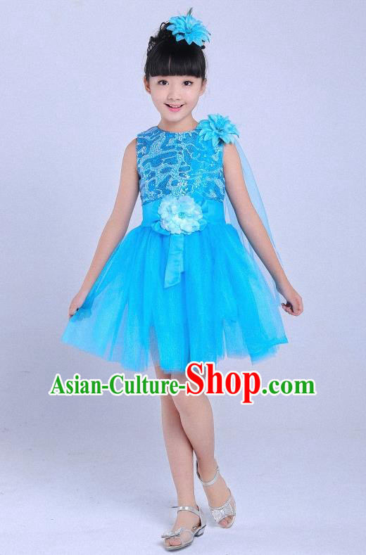 Top Grade Professional Performance Catwalks Costume, Children Chorus Modern Dance Blue Paillette Bubble Dress for Girls Kids