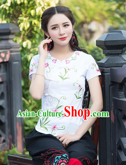 Traditional Chinese National Costume, Elegant Hanfu Embroidery Flowers Slant Opening White T-Shirt, China Tang Suit Republic of China Plated Buttons Chirpaur Blouse Cheong-sam Upper Outer Garment Qipao Shirts Clothing for Women