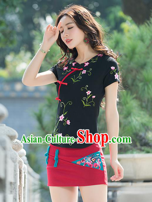 Traditional Chinese National Costume, Elegant Hanfu Embroidery Flowers Slant Opening Black T-Shirt, China Tang Suit Republic of China Plated Buttons Chirpaur Blouse Cheong-sam Upper Outer Garment Qipao Shirts Clothing for Women