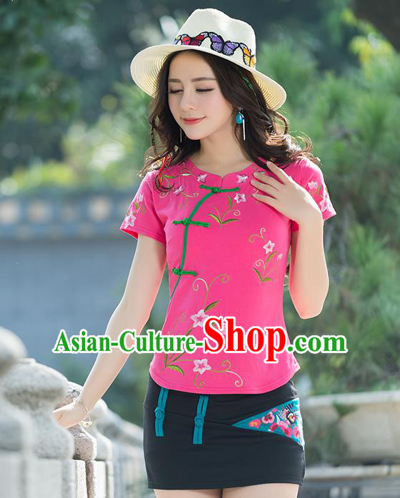 Traditional Chinese National Costume, Elegant Hanfu Embroidery Flowers Slant Opening Pink T-Shirt, China Tang Suit Republic of China Plated Buttons Chirpaur Blouse Cheong-sam Upper Outer Garment Qipao Shirts Clothing for Women