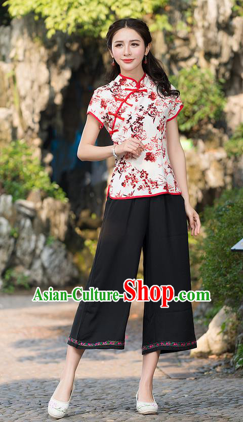 Traditional Chinese National Costume, Elegant Hanfu Ink Painting Slant Opening Red T-Shirt, China Tang Suit Republic of China Plated Buttons Chirpaur Stand Collar Blouse Cheong-sam Upper Outer Garment Qipao Shirts Clothing for Women