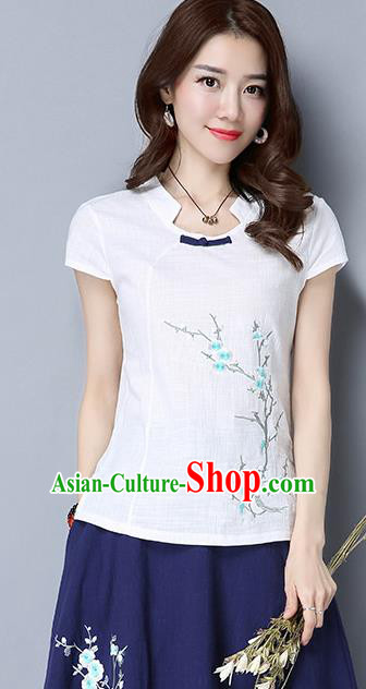 Traditional Chinese National Costume, Elegant Hanfu Embroidered Wintersweet Slant Opening White T-Shirt, China Tang Suit Republic of China Plated Buttons Chirpaur Blouse Cheong-sam Upper Outer Garment Qipao Shirts Clothing for Women