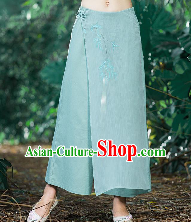 Traditional Chinese National Costume Loose Pants, Elegant Hanfu Hand Painting Bamboo leaves Chiffon Green Wide leg Pants, China Ethnic Minorities Tang Suit Ultra-wide-leg Trousers for Women