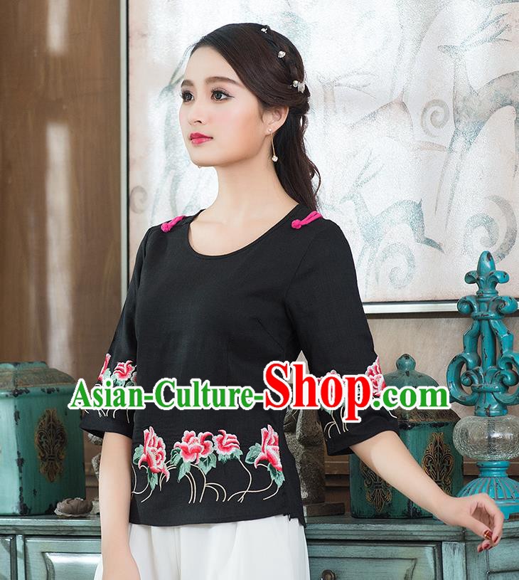 Traditional Chinese National Costume, Elegant Hanfu Embroidery Flowers Round Collar Black T-Shirt, China Tang Suit Republic of China Plated Buttons Chirpaur Blouse Cheong-sam Upper Outer Garment Qipao Shirts Clothing for Women