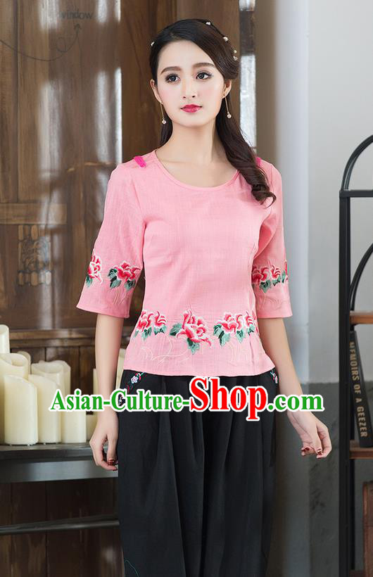 Traditional Chinese National Costume, Elegant Hanfu Embroidery Flowers Round Collar Pink T-Shirt, China Tang Suit Republic of China Plated Buttons Chirpaur Blouse Cheong-sam Upper Outer Garment Qipao Shirts Clothing for Women