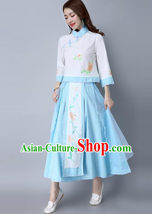 Traditional Chinese National Costume, Elegant Hanfu Printing Flowers Slant Opening Shirt and Skirt Complete Set, China Tang Suit Republic of China Plated Buttons Chirpaur Blouse Cheong-sam Upper Outer Garment Qipao Shirts and Dress for Women