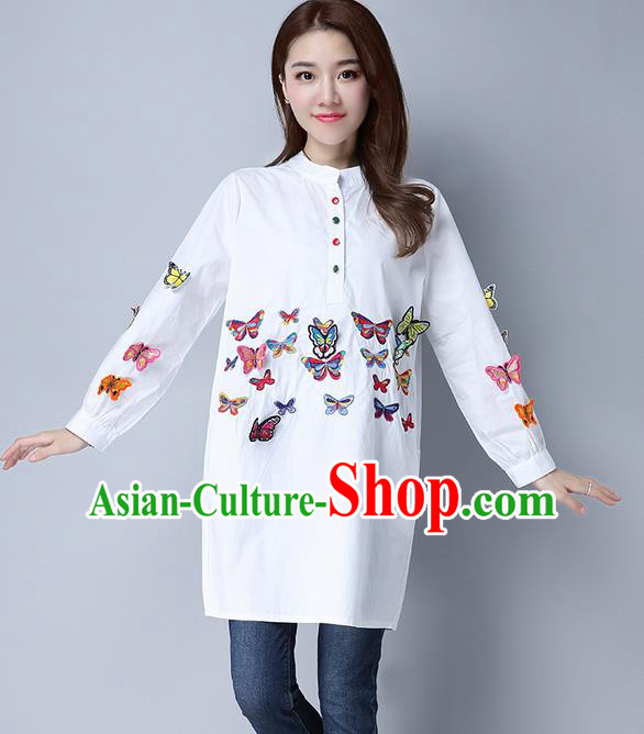 Traditional Chinese National Costume, Elegant Hanfu Patch Embroidery Butterfly White Shirt, China Tang Suit Republic of China Chirpaur Blouse Cheong-sam Upper Outer Garment Qipao Shirts Clothing for Women