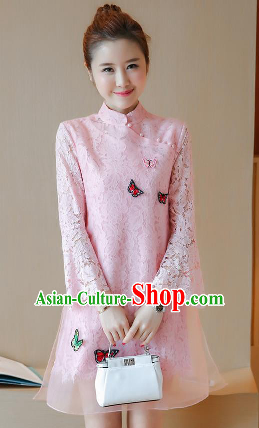 Traditional Ancient Chinese National Costume, Elegant Hanfu Mandarin Qipao Embroidered Butterflies Pink Lace Dress, China Tang Suit Chirpaur Republic of China Cheongsam Upper Outer Garment Elegant Dress Clothing for Women