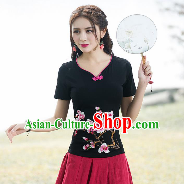 Traditional Chinese National Costume, Elegant Hanfu Embroidery Flowers Black T-Shirt, China Tang Suit Republic of China Plated Buttons Chirpaur Blouse Cheong-sam Upper Outer Garment Qipao Shirts Clothing for Women