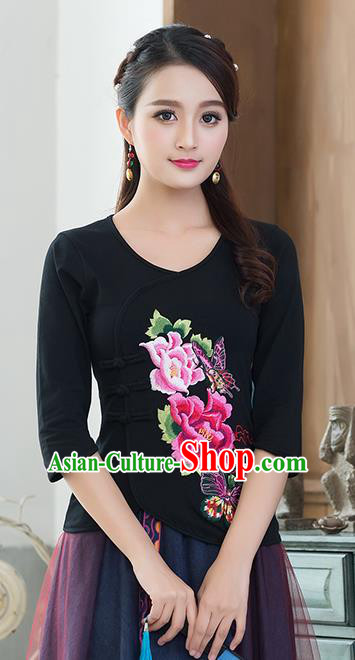 Traditional Chinese National Costume, Elegant Hanfu Embroidery Flowers Slant Opening Black Blouses, China Tang Suit Republic of China Plated Buttons Chirpaur Blouse Cheong-sam Upper Outer Garment Qipao Shirts Clothing for Women