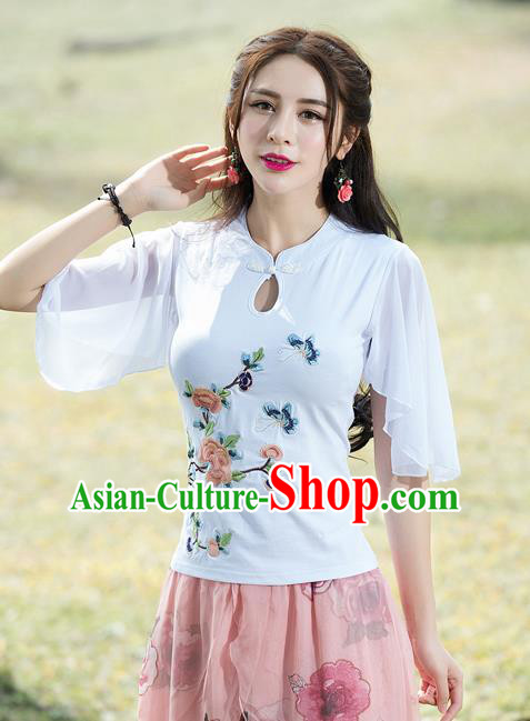 Traditional Chinese National Costume, Elegant Hanfu Embroidery Flowers Mandarin Sleeve White T-Shirt, China Tang Suit Republic of China Plated Buttons Chirpaur Blouse Cheong-sam Upper Outer Garment Qipao Shirts Clothing for Women
