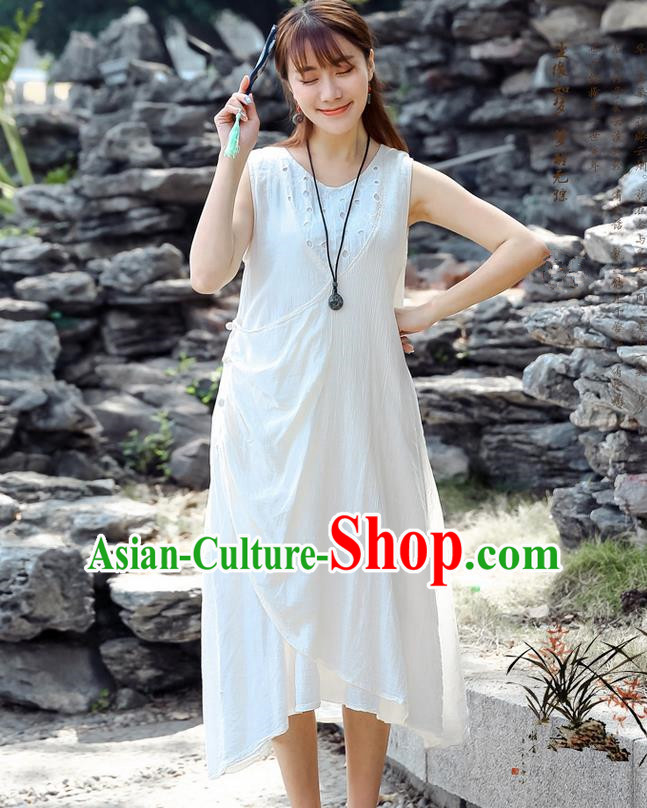 Traditional Ancient Chinese National Costume, Elegant Hanfu Qipao Linen White Dress, China Tang Suit Cheongsam Upper Outer Garment Elegant Dress Clothing for Women
