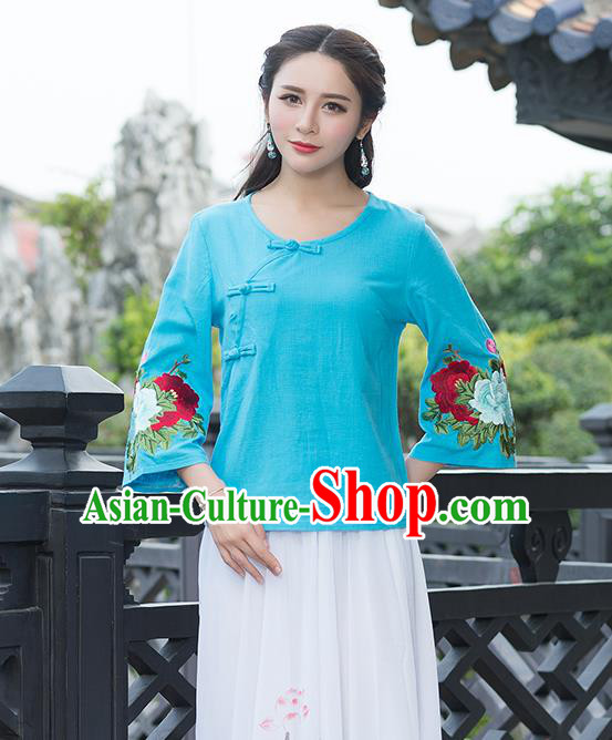 Traditional Chinese National Costume, Elegant Hanfu Embroidery Flowers Slant Opening Mandarin Sleeve Blue T-Shirt, China Tang Suit Republic of China Plated Buttons Chirpaur Blouse Cheong-sam Upper Outer Garment Qipao Shirts Clothing for Women