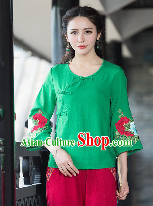 Traditional Chinese National Costume, Elegant Hanfu Embroidery Flowers Slant Opening Mandarin Sleeve Green T-Shirt, China Tang Suit Republic of China Plated Buttons Chirpaur Blouse Cheong-sam Upper Outer Garment Qipao Shirts Clothing for Women