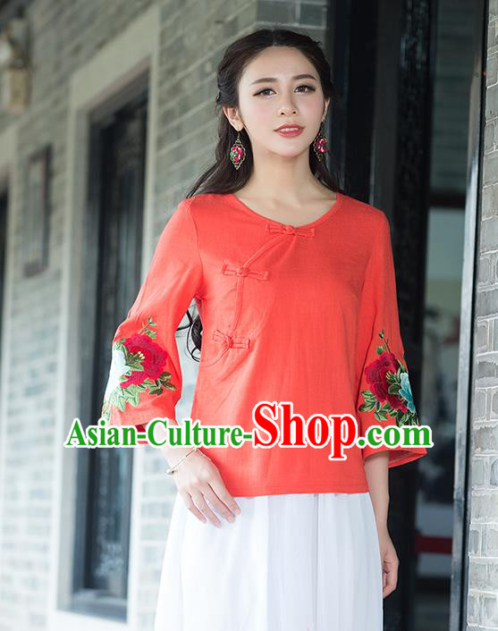 Traditional Chinese National Costume, Elegant Hanfu Embroidery Flowers Slant Opening Mandarin Sleeve Orange T-Shirt, China Tang Suit Republic of China Plated Buttons Chirpaur Blouse Cheong-sam Upper Outer Garment Qipao Shirts Clothing for Women