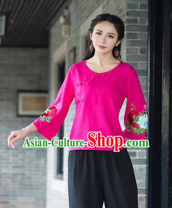 Traditional Chinese National Costume, Elegant Hanfu Embroidery Flowers Slant Opening Mandarin Sleeve Rose T-Shirt, China Tang Suit Republic of China Plated Buttons Chirpaur Blouse Cheong-sam Upper Outer Garment Qipao Shirts Clothing for Women
