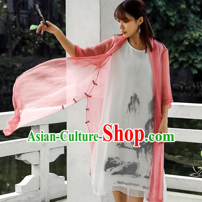 Traditional Ancient Chinese National Costume, Elegant Hanfu Chiffon Pink Cardigan Coat, China Tang Suit Plated Buttons Cape, Upper Outer Garment Dust Coat Cloak Clothing for Women