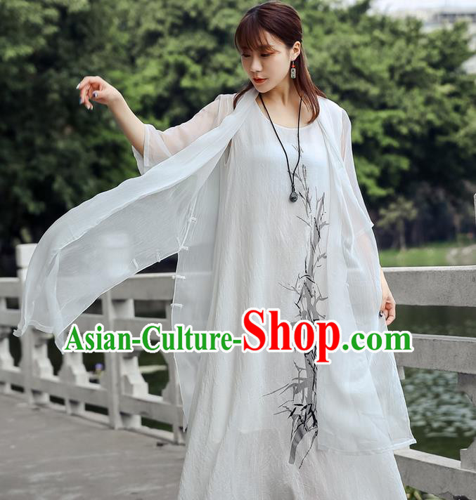 Traditional Ancient Chinese National Costume, Elegant Hanfu Chiffon White Cardigan Coat, China Tang Suit Plated Buttons Cape, Upper Outer Garment Dust Coat Cloak Clothing for Women