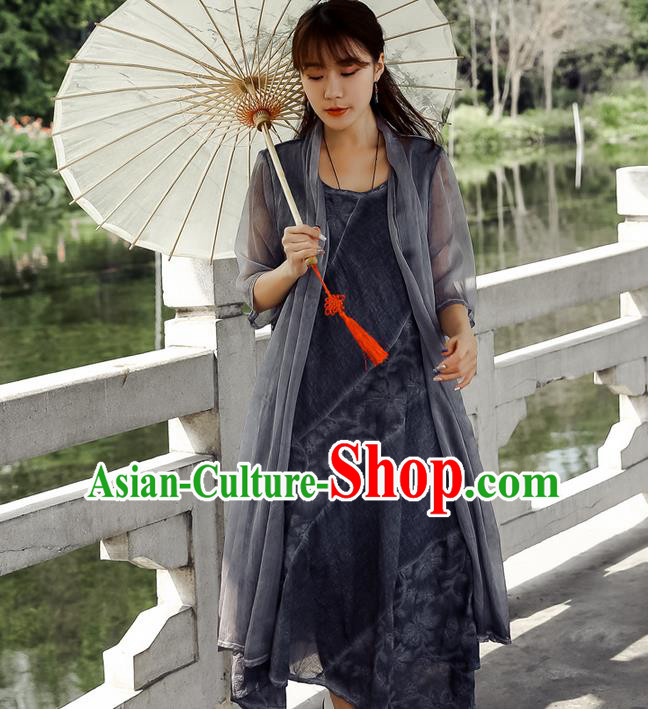 Traditional Ancient Chinese National Costume, Elegant Hanfu Chiffon Grey Cardigan Coat, China Tang Suit Plated Buttons Cape, Upper Outer Garment Dust Coat Cloak Clothing for Women