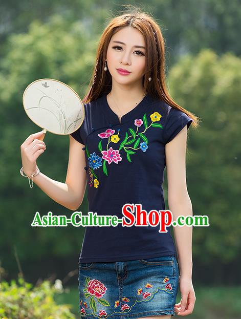 Traditional Chinese National Costume, Elegant Hanfu Embroidery Flowers Navy T-Shirt, China Tang Suit Republic of China Plated Buttons Chirpaur Blouse Cheong-sam Upper Outer Garment Qipao Shirts Clothing for Women