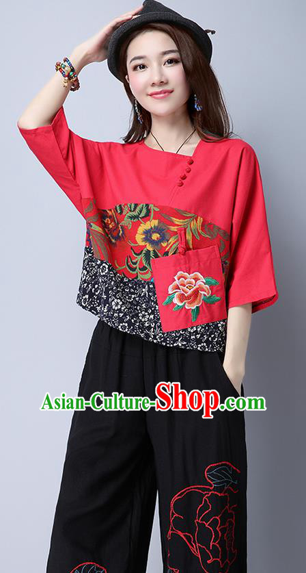 Traditional Chinese National Costume, Elegant Hanfu Patch Embroidery Flowers Red Blouse, China Tang Suit Republic of China Plated Buttons Chirpaur Blouse Cheong-sam Upper Outer Garment Qipao Shirts Clothing for Women
