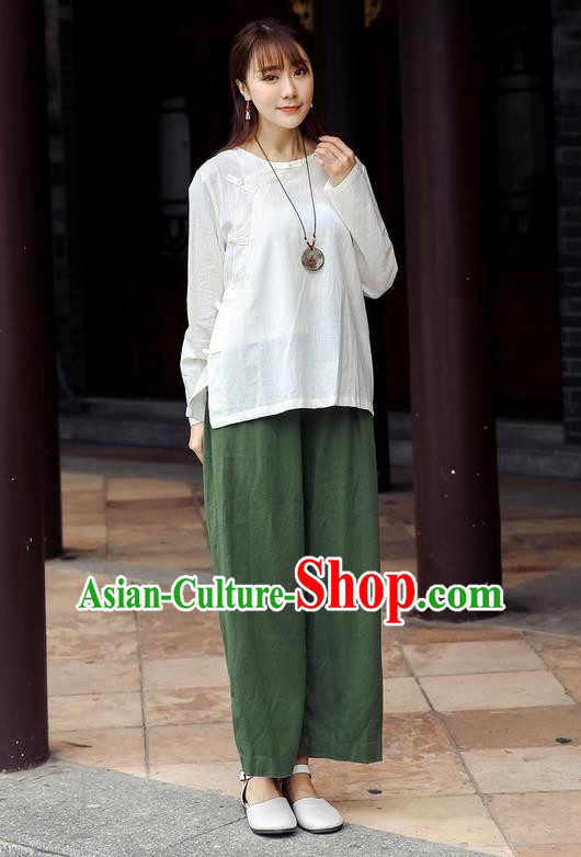 Traditional Chinese National Costume Loose Pants, Elegant Hanfu Linen Green Wide leg Pants, China Ethnic Minorities Tang Suit Folk Dance Ultra-wide-leg Trousers for Women