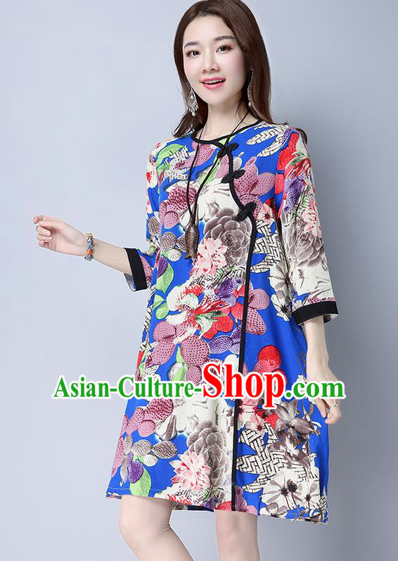 Traditional Ancient Chinese National Costume, Elegant Hanfu Linen Slant Opening Plated Buttons Blue Dress, China Tang Suit Chirpaur Republic of China Cheongsam Upper Outer Garment Elegant Dress Clothing for Women