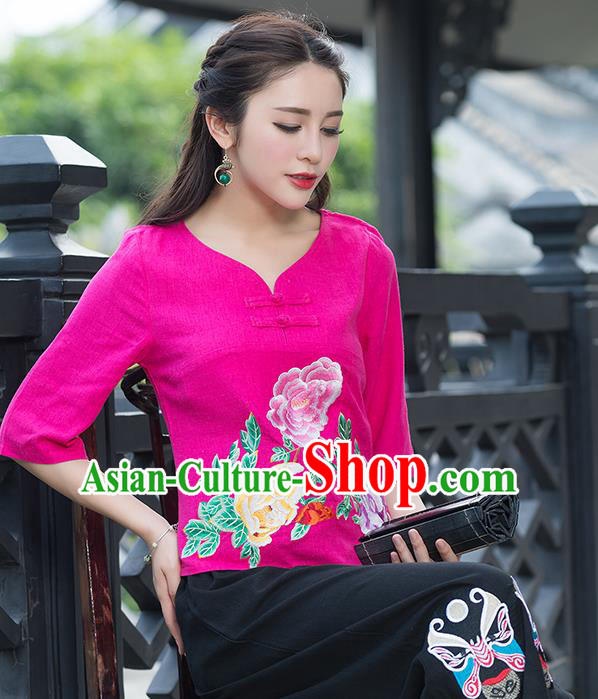 Traditional Chinese National Costume, Elegant Hanfu Embroidery Flowers Rose T-Shirt, China Tang Suit Republic of China Plated Buttons Chirpaur Blouse Cheong-sam Upper Outer Garment Qipao Shirts Clothing for Women