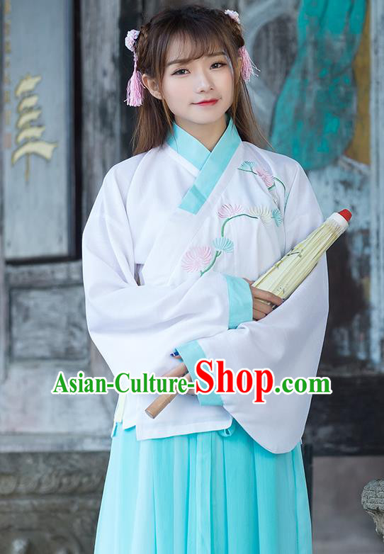 Traditional Ancient Chinese Costume, Elegant Hanfu Clothing Embroidered Slant Opening Blue Blouse, China Tang Dynasty Princess Elegant Blouse for Women