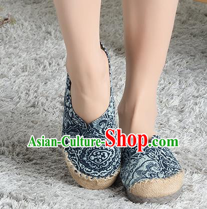 Traditional Chinese Shoes, China Handmade Linen Embroidered Blue and white porcelain Navy Shoes, China Ancient Cloth Shoes for Women