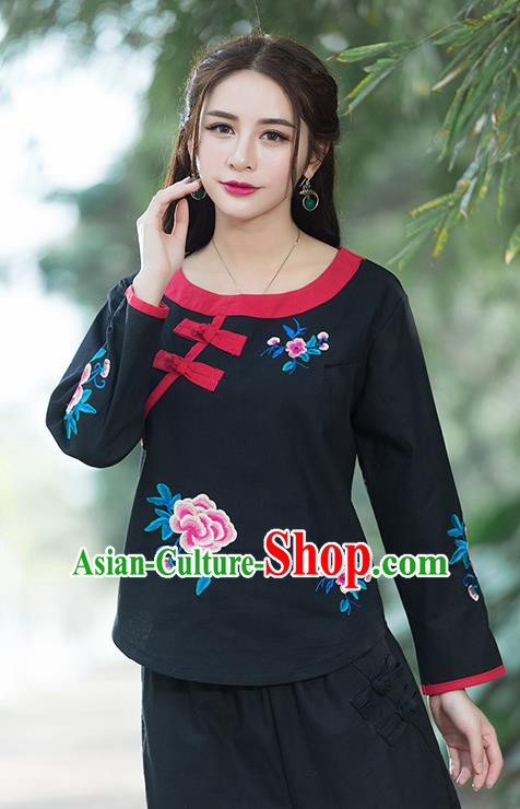 Traditional Chinese National Costume, Elegant Hanfu Linen Embroidery Flowers Round Collar Black T-Shirt, China Tang Suit Republic of China Plated Buttons Chirpaur Blouse Cheong-sam Upper Outer Garment Qipao Shirts Clothing for Women