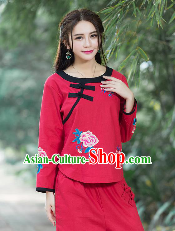 Traditional Chinese National Costume, Elegant Hanfu Linen Embroidery Flowers Round Collar Red T-Shirt, China Tang Suit Republic of China Plated Buttons Chirpaur Blouse Cheong-sam Upper Outer Garment Qipao Shirts Clothing for Women