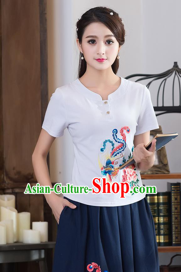 Traditional Chinese National Costume, Elegant Hanfu Embroidery Phoenix Flowers White T-Shirt, China Tang Suit Republic of China Chirpaur Blouse Cheong-sam Upper Outer Garment Qipao Shirts Clothing for Women