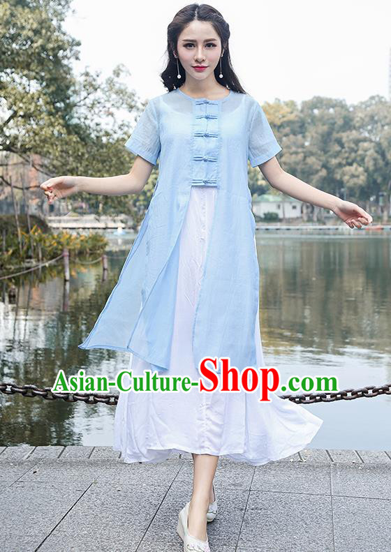 Traditional Ancient Chinese National Costume, Elegant Hanfu Blue Cardigan Coat and Singlet Complete Set, China Tang Suit Plated Buttons Cape and Dress, Upper Outer Garment Dust Coat Cloak for Women