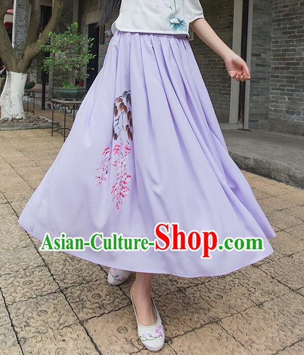 Traditional Ancient Chinese National Pleated Skirt Costume, Elegant Hanfu Hand Painting Peach Blossom Long Purple Dress, China Tang Suit Bust Skirt for Women