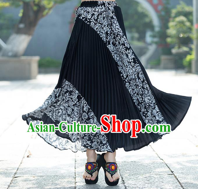 Traditional Ancient Chinese National Pleated Skirt Costume, Elegant Hanfu Chiffon Long Black Dress, China Tang Suit Big Swing Bust Skirt for Women
