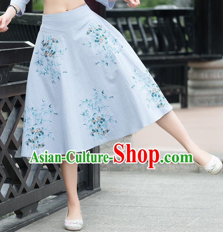 Traditional Ancient Chinese National Pleated Skirt Costume, Elegant Hanfu Embroidery Blue Dress, China Tang Suit Big Swing Bust Skirt for Women