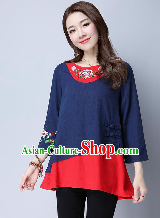 Traditional Chinese National Costume, Elegant Hanfu Embroidery Flowers Slant Opening Joint Navy T-Shirt, China Tang Suit Republic of China Plated Buttons Chirpaur Blouse Cheong-sam Upper Outer Garment Qipao Shirts Clothing for Women