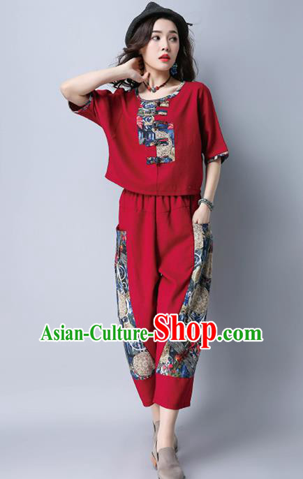 Traditional Chinese National Costume, Elegant Hanfu Embroidery Red T-Shirt and Loose Pants Complete Set, China Tang Suit Plated Buttons Blouse and Dockers for Women