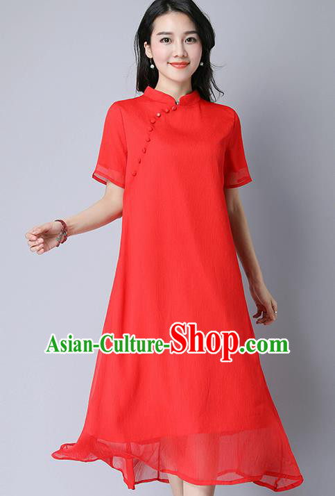 Traditional Ancient Chinese National Costume, Elegant Hanfu Mandarin Qipao Slant Opening Red Dress, China Tang Suit Plated Buttons Chirpaur Republic of China Cheongsam Upper Outer Garment Elegant Dress Clothing for Women