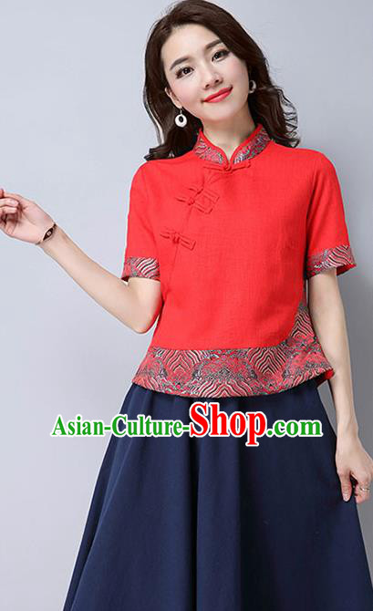 Traditional Chinese National Costume, Elegant Hanfu Joint Embroidery Flowers Slant Opening Red Shirt, China Tang Suit Republic of China Plated Buttons Chirpaur Blouse Cheong-sam Upper Outer Garment Qipao Shirts Clothing for Women