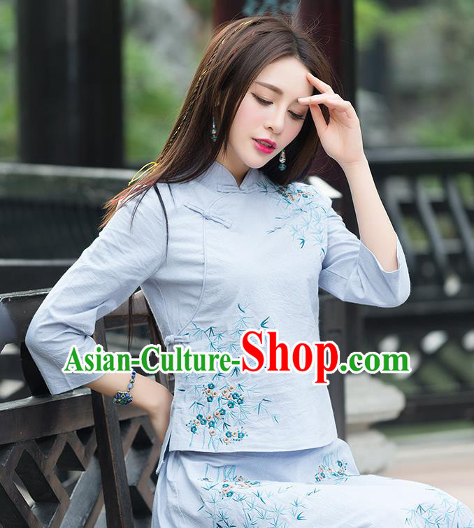Traditional Chinese National Costume, Elegant Hanfu Embroidery Slant Opening Blue T-Shirt, China Tang Suit Republic of China Chirpaur Blouse Cheong-sam Upper Outer Garment Qipao Shirts Clothing for Women