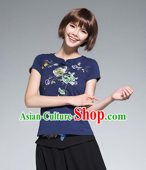 Traditional Chinese National Costume, Elegant Hanfu Embroidery Flowers Blue T-Shirt, China Tang Suit Plated Buttons Chirpaur Blouse Cheong-sam Upper Outer Garment Qipao Shirts Clothing for Women