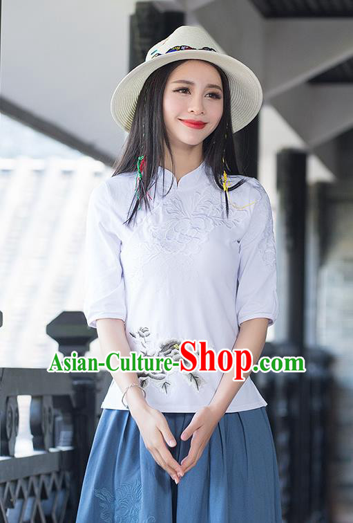 Traditional Chinese National Costume, Elegant Hanfu Stand Collar White T-Shirt, China Tang Suit Plated Buttons Chirpaur Blouse Cheong-sam Upper Outer Garment Qipao Shirts Clothing for Women