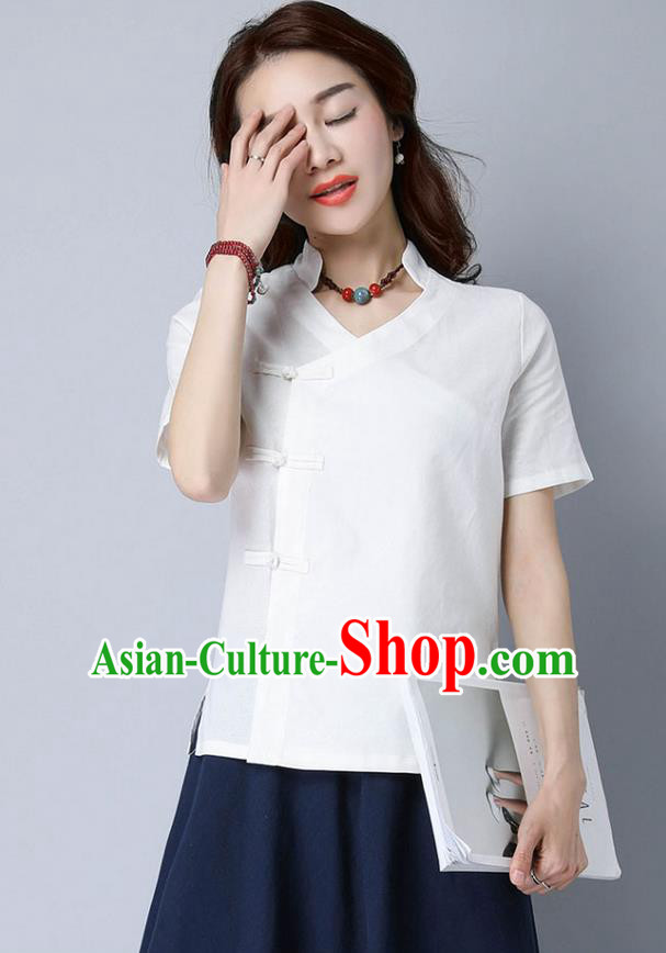 Traditional Chinese National Costume, Elegant Hanfu Stand Collar Slant Opening White T-Shirt, China Tang Suit Republic of China Plated Buttons Chirpaur Blouse Cheong-sam Upper Outer Garment Qipao Shirts Clothing for Women