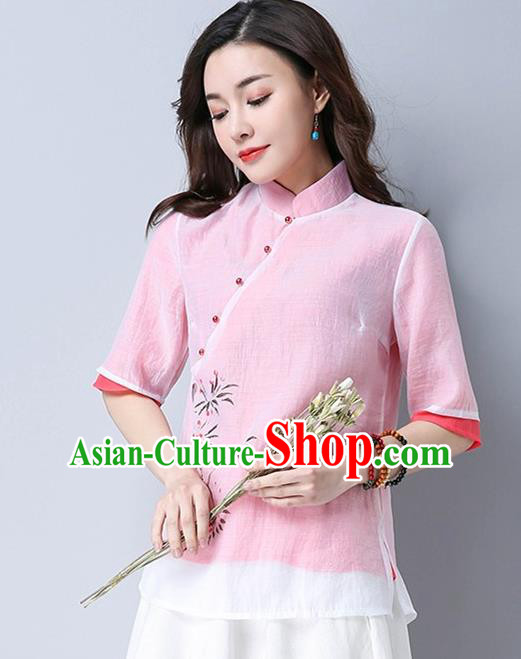 Traditional Chinese National Costume, Elegant Hanfu Hand Painting Flowers Slant Opening Pink Blouse, China Tang Suit Republic of China Plated Buttons Chirpaur Blouse Cheong-sam Upper Outer Garment Qipao Shirts Clothing for Women