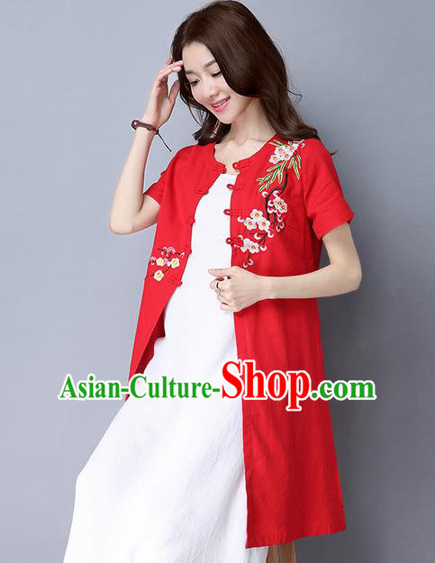 Traditional Ancient Chinese National Costume, Elegant Hanfu Red Embroidery Cardigan Coat, China Tang Suit Plated Buttons Ink Painting Cape, Upper Outer Garment Dust Coat Cloak Clothing for Women