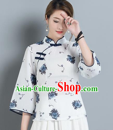 Traditional Chinese National Costume, Elegant Hanfu Stand Collar Slant Opening Shirt, China Tang Suit Republic of China Plated Buttons Chirpaur Blouse Cheong-sam Upper Outer Garment Qipao Shirts Clothing for Women