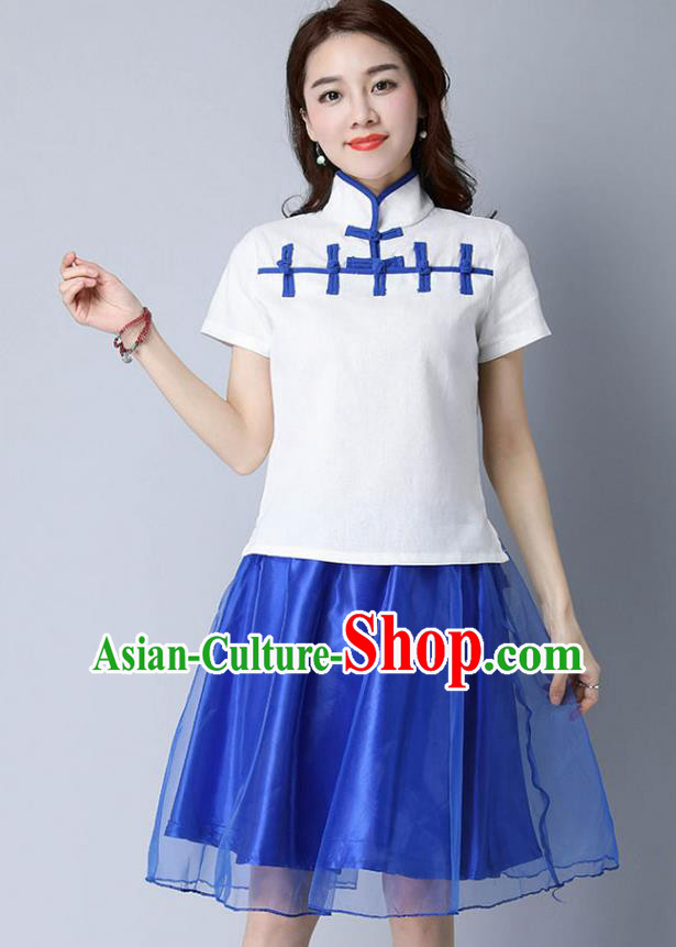 Traditional Chinese National Costume, Elegant Hanfu Stand Collar White T-Shirt, China Tang Suit Republic of China Plated Buttons Chirpaur Blouse Cheong-sam Upper Outer Garment Qipao Shirts Clothing for Women