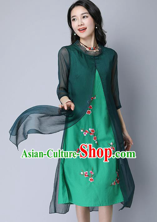 Traditional Ancient Chinese National Costume, Elegant Hanfu Mandarin Qipao Embroidery Green Dress, China Tang Suit Chirpaur Upper Outer Garment Elegant Dress Clothing for Women